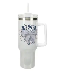 Elanze Designs 40 Ounce Stainless Steel Double Wall Insulated Glitter Travel Tumbler With Handle, Straw, and Lid, USA Bow White