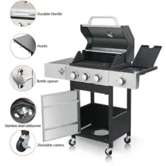 3-Burner Propane Gas BBQ Grill with Side Burner, 37230BTU Output With Enameled Cast Iron Cooking Grids For Outdoor Barbecue, Stainless Steel