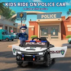 12V Kids Police Ride-On Car, Remote Control Electric Toy with LED Lights, Music, Horn & Safety Belt