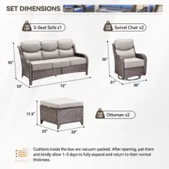 Gymojoy Outdoor Patio Sofa Ottoman with Swivel Chairs 3-Seat Sofa Glider Chairs Ottoman for Deck Porch Backyard