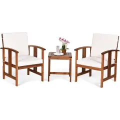 Costway 3PC Outdoor Patio Sofa Furniture Set Solid Wood Cushioned Conversation Set White