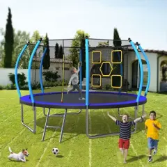 Okak 12/14FT Recreational Kids Trampoline with Enclosure Net, ASTM Approval Outdoor Trampolines with Ladder, Trampoline for Garden, Yard