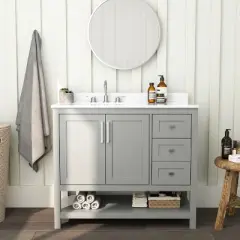 Merrick Lane Bathroom Vanity with Ceramic Sink, Carrara Marble Finish Countertop, Storage Cabinet with Soft Close Doors, Open Shelf and 3 Drawers