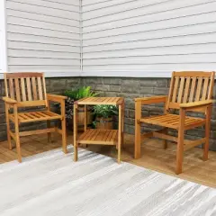 Sunnydaze Outdoor Meranti Wood with Teak Oil Finish Patio Table and Chairs Conversation Set - Brown - 3pc