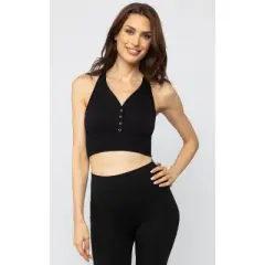 Yogalicious Sorority Girl Seamless Ribbed Button Henley Cropped Tank Top