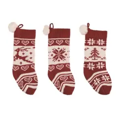 Transpac Knit Pom Pom Stocking Set of 3 Christmas Home Decorations Holiday Stockings Polyester Festive Decor