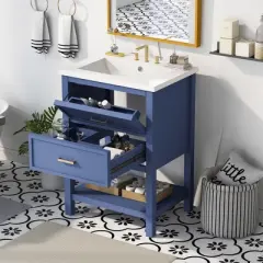 24" Bathroom Vanity with Ceramic Sink, Modern Storage Cabinet with 2 Drawers, Single Basin Vanity Top with Anti-Spill Hole - ModernLuxe