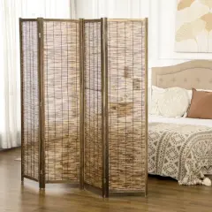 HOMCOM 5.5' Tall Room Divider with Wood & Hand Woven Reed, 4 Panel Folding Privacy Screens, Portable Partition Wall Divider