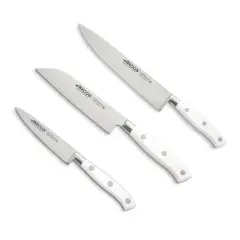 Arcos Riviera Blanc 3pc Starter Set White: Stainless Steel Chef, Santoku & Paring Knives, Forged POM Handles, Hand Wash