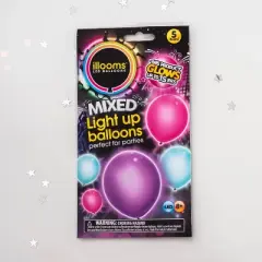 5ct illooms LED Light Up Mixed Solid Balloon: Multicolor Latex for Birthday Parties, Includes Batteries, Ages 8+