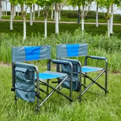 DSVIMOY Folding Chair, 2-Piece Padded Folding Outdoor Chair with Storage Pockets, Directors Chair for Camping, Blue & Gray, 21.7"*16.9"*29.5"