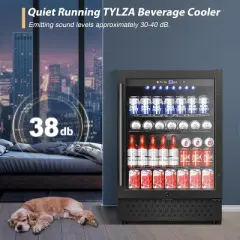 Tylza Beverage Refrigerator 24 Inch, Under Counter/Freestanding Drink Fridge, 190 Cans Beverage Cooler with Glass Reversible Door, ETC, Black
