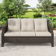 YARDSIGHT Outdoor Wicker 3-Seater Sofa, All-Weather Rattan Patio Couch with Thick Cushions for Garden, Porch, Balcony, Backyard