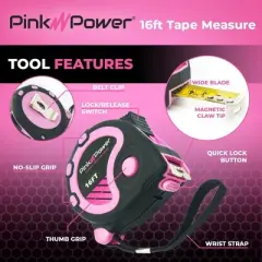Pink Power 16ft Pink Tape Measure - Measuring Tape for Women's Tool Kit with Retractable Blade and Lock Button - Girls Lightweight Measurement Tool