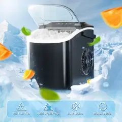 R.W.FLAME Stainless Steel Ice Maker Countertop, Bullet ice, 26.5Lbs/24H, 9 Pcs/6 Mins, with self-cleaning, ice basket, and scoop, with Handle