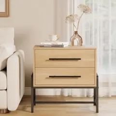 Farmhouse Nightstand with Drawers, Light Wood Side Table with Metal Legs