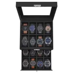 SONGMICS 16-Slot Watch Box Watch Case with Glass Lid 2 Layers Lockable Watch Display Case Black Synthetic Leather