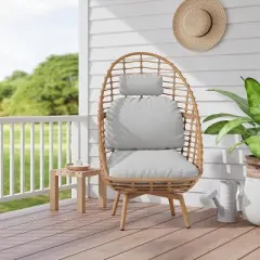 Outdoor Swivel Lounge Chair, High Back Wicker Lounge Chair with Teak Finished Legs, Patio Lounge Chair with Cushion for Garden or Deck-Koiai