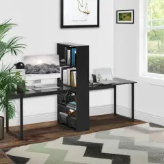 HOMCOM 88" Extra Long 2-Person Computer Desk with Storage Shelves Combo, Double Workstation Storage Study Writing Table for Home Office, Bookshelf