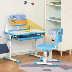 Qaba Kids Table and Chair Set, Activity Desk with USB Lamp, Storage Drawer for Study, Activities, Arts, or Crafts