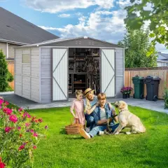 8x10 FT Outdoor Backyard Storage Shed,Iron-Wood Frame Garden Storage Shed with Two Doors and Window,Tool Shed with All-Weather Design-Coolbibila