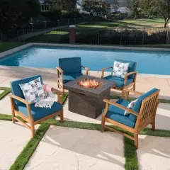 GDFStudio Easter Outdoor Acacia Wood 5 Piece Club Chair and Fire Pit Set with Cushions