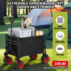 Garvee Foldable Wagon Cart with Big Wheels, Collapsible Utility Cart with Adjustable Handle, Side Pockets and Cup Holder for Shopping, Garden, Black
