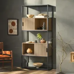 75"&nbsp;Modern Reeded Door Storage Bookshelf Coastal Oak/Black - Saracina Home