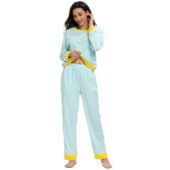 cheibear Womens Lounge Sets Long Sleeves Round Neck Soft with Pants Sleepwear Pajamas