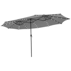 Costway 15 FT Twin Patio Double-Sided Umbrella 48 Solar LED Lights Crank Outdoor Gray
