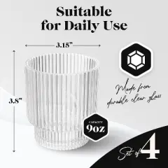 American Atelier Vintage Art Deco 9 oz. Fluted Drinking Glasses Set of 4, Old Fashion Tumbler for Cocktails, Ribbed Lowball Glass Cup, Clear