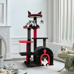 Tangkula Gothic Cat Tree 53" Black Cat Tower with Cat Bed Cat Condo Scratching Posts Spider Pompom & Spring Balls Halloween