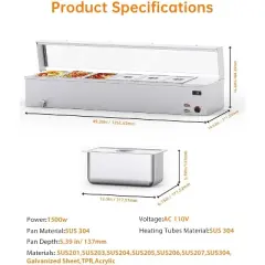 48 QT Commercial Food Warmer,6-Pan Steam Table Stainless Steel  Countertop with Overheating Protection for Catering and Restaurants,1500W,110V