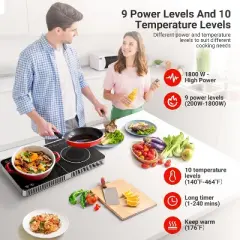 Double Induction Cooktop,2 Burner Independent Control,Ultrathin Body,10 Temperature induction hob,1800W-Multiple Power Levels,4 Hour Timer