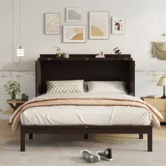 Queen Size Murphy Cabinet Bed with Rattan Panel and Power Station, Fold-Out Guest Bed with Large Drawer, Pine Wood Frame, Walnut/Espresso -ModernLuxe