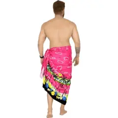 LA LEELA Men's Cover Up Hawaiian Summer Long Swim Trunk Swimwear for Men Vacation Beach Holidays Beachwear Pareo One Size Pink, Floral