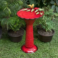 28" Metal Birdbath With Birds And Leaves - Red - Alpine Corporation