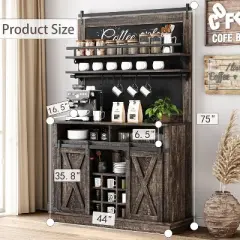 75" Tall Coffee Hutch Cabinet Large Kitchens Storage Pantry Cabinets White Coffee Bar Cabinet Cupboard with Sliding Barn Door