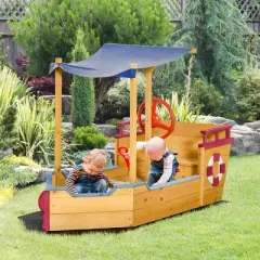 INFURNIC Baby Activity Gyms Pirate Ship Sandbox with Cover and Storage Bench for Outdoor Play, Multicolor, 63"*27.5"*40.5"