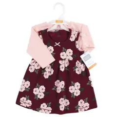 Hudson Baby Baby Girls Cotton Dress and Cardigan Set, Burgundy Floral
