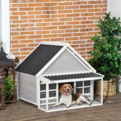 PawHut Outdoor Dog House for Large Dogs Outside Dog Shelter, Beautiful Cabin Design, Shady Front Porch, Two Windows, Wooden Dog House for Medium Dogs