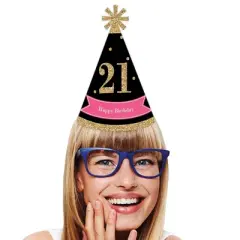 Big Dot of Happiness Finally 21 Girl - 21st Birthday - Cone Happy Birthday Party Hats for Adults - Set of 8 (Standard Size)