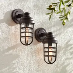 John Timberland Marlowe Industrial Outdoor Wall Light Fixtures Set of 2 Bronze Metal Cage 13 1/4" Clear Glass for Post Exterior Barn Deck House Porch