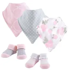 Hudson Baby Infant Girl Cotton Bib and Sock Set 5pk, Pink Rose, One Size
