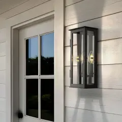 ALOADECOR Modern Rectangular Outdoor Wall Sconce with Dusk-to-Dawn Sensor in Matte Black Exterior Light Fixture with Clear Shade for Porch Entryway