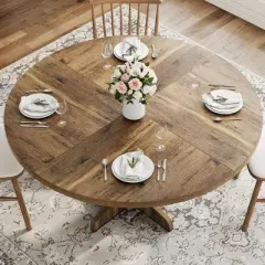 Garvee Round Dining Table for 4-6 People, 47 Inch Farmhouse Kitchen Table with Wooden Tabletop and Stable Base, for Dining Room Living Room, Brown