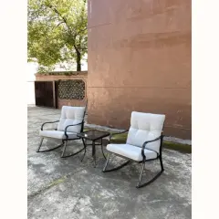 FIONECA 2-Piece Rocker Chair Set with Teapoy Table, Outdoor Patio Rocking Chairs with Cushions, Off-White