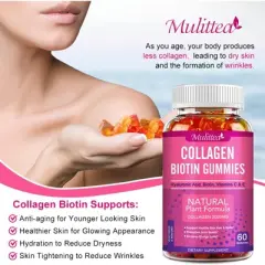 Mulittea Collagen Gummies with Vitamin C, E, Biotin &ndash; Hair, Skin & Nail Health &ndash; Anti-Aging Support, 60 Gummies