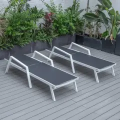 LeisureMod Marlin Patio Chaise Lounge Chair With Armrests in White Aluminum Frame Set of 2