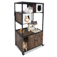 Litter Box Enclosure with Tree and Stainless Steel Litter Box, Wooden Cat House Cabinet On Wheels,  Litter Furniture with Condo, Platforms